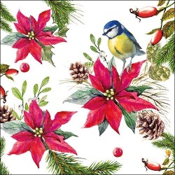 1 Pack paper lunch napkins - Bird On Poinsettia White - Ambiente