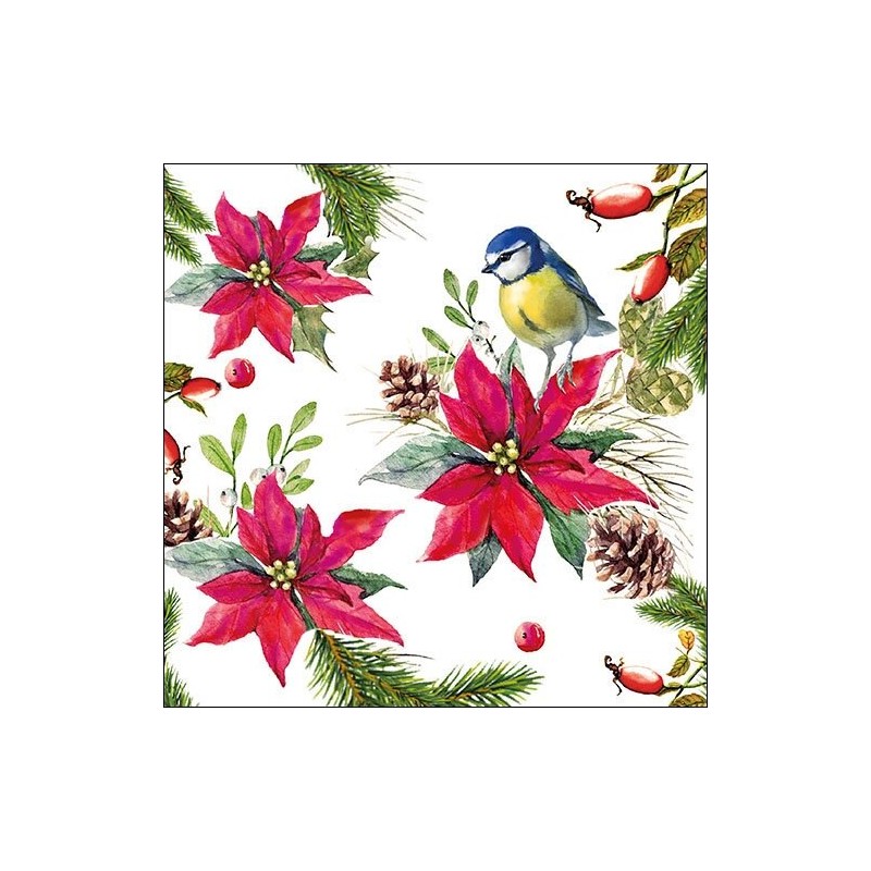 1 Pakje papieren lunch servetten - Bird On Poinsettia White - Ambiente 1 Pakje papieren lunch servetten - Bird On Poinsettia White - Ambiente