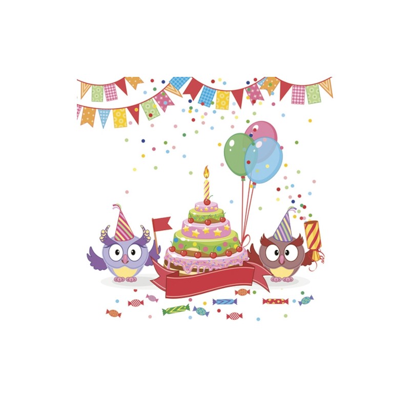 paper lunch napkins - Funny Owls with B-day Cake - Daisy - Children's Birthday - Animals - Owls - Cake - Balloons - Streamers paper lunch napkins - Funny Owls with B-day Cake - Daisy - Children's Birthday - Animals - Owls - Cake - Balloons - Streamers