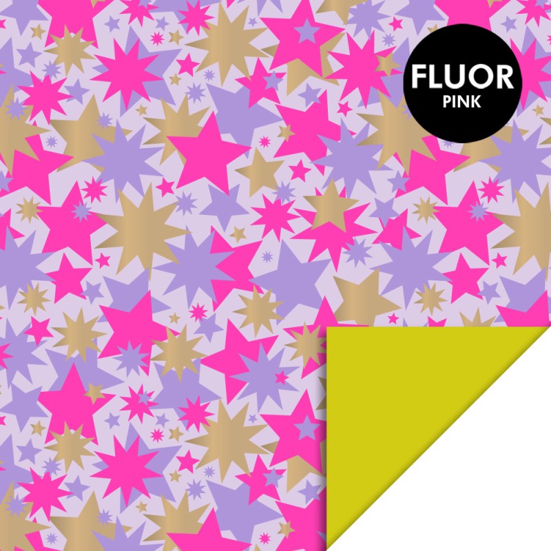 HOP - Cadeaupapier 70 cm - Big Stars Gold Lilac/Fluor Pink