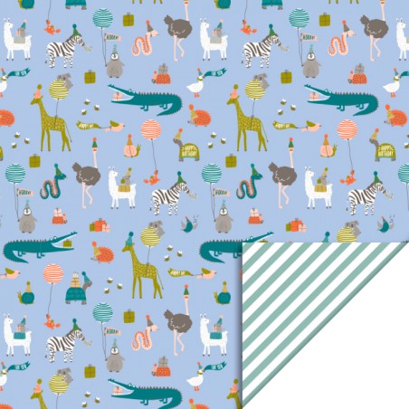 Wrapping Paper - Party Animals Sky Blue - Stripes Misty Green - 70cm wide
