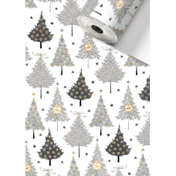 This wrapping paper is decorated on the front with grey and black Christmas trees on a white background.