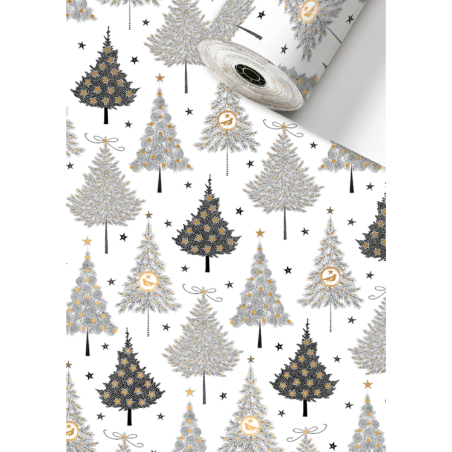 Dit cadeaupapier is aan de voorkant gedecoreerd met grijze en zwarte Kerstbomen op een witte achtergrond.